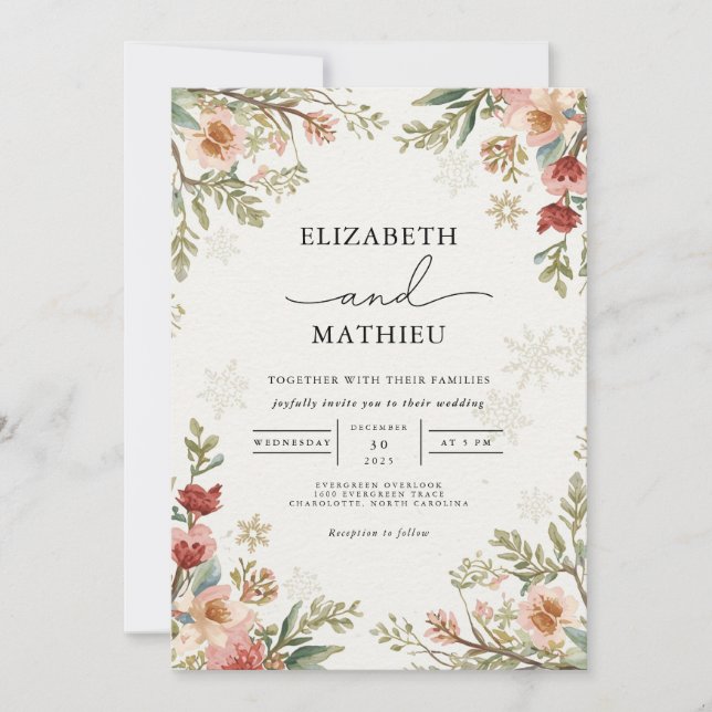 Invitación Delicada Boda de Invierno Floral (Anverso)