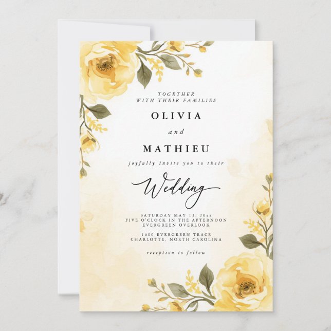Invitación Delicada Boda de Jardín Floral Amarillo (Anverso)