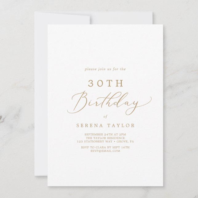 Invitación Delicada caligrafía de oro 30 cumpleaños (Anverso)