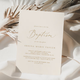 Invitación Delicada caligrafía de oro | Bautismo crema