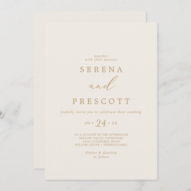 Invitación Delicada caligrafía de oro | Boda Casual Cream (Anverso / Reverso)