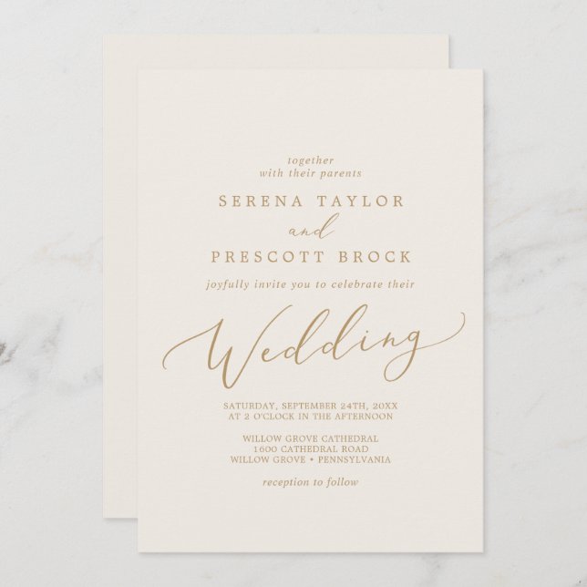 Invitación Delicada caligrafía de oro | Boda crema (Anverso / Reverso)