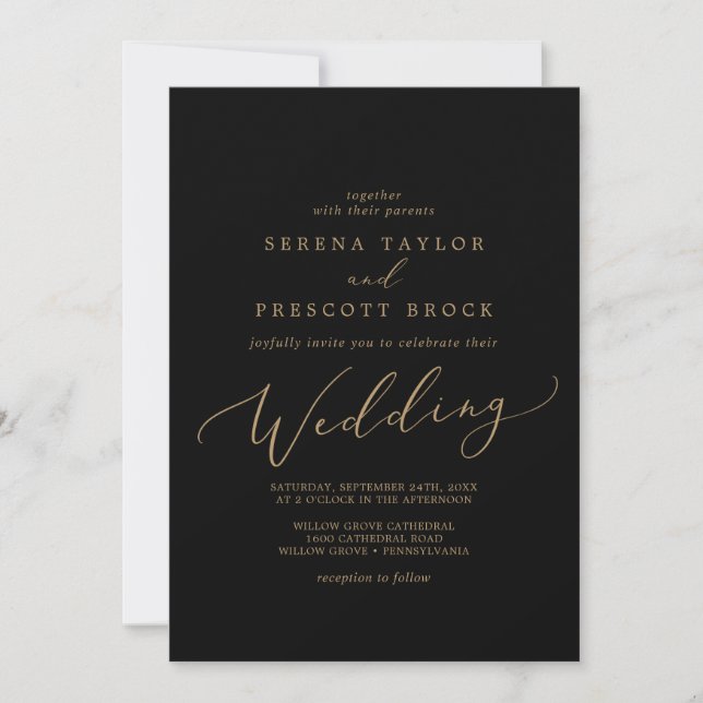 Invitación Delicada caligrafía de oro | Boda negro (Anverso)