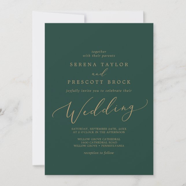 Invitación Delicada caligrafía de oro | Boda verde (Anverso)
