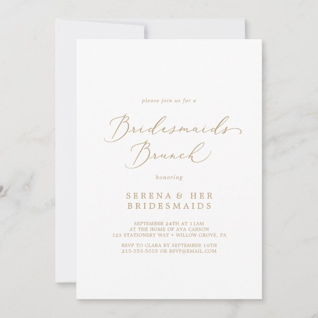 Invitación Delicada caligrafía de oro Bridesmaids Brunch (Anverso)