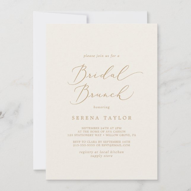 Invitación Delicada caligrafía de oro | Brunch de novia crema (Anverso)