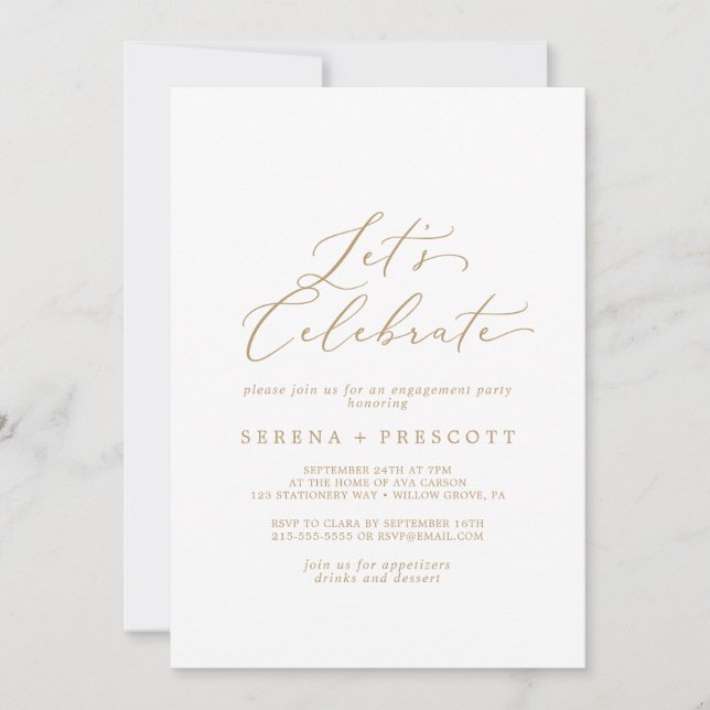 Invitación Delicada caligrafía de oro celebremos (Anverso)