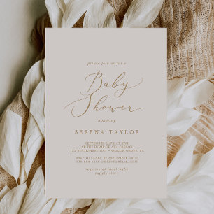 Invitación Delicada caligrafía de oro   Cream Baby Shower
