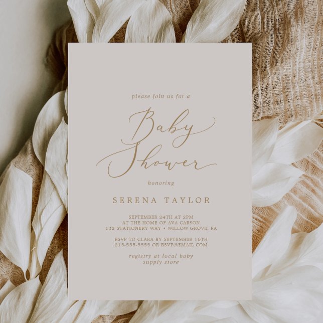 Invitación Delicada caligrafía de oro | Cream Baby Shower (Subido por el creador)