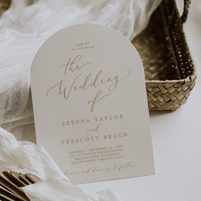 Invitación Delicada caligrafía de oro Cream Boho Arch Boda (Delicate Gold Calligraphy Cream Boho Arch Wedding Invitation)