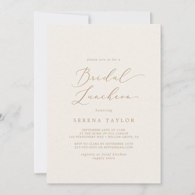Invitación Delicada caligrafía de oro | Cream Bridal Luncheon (Anverso)