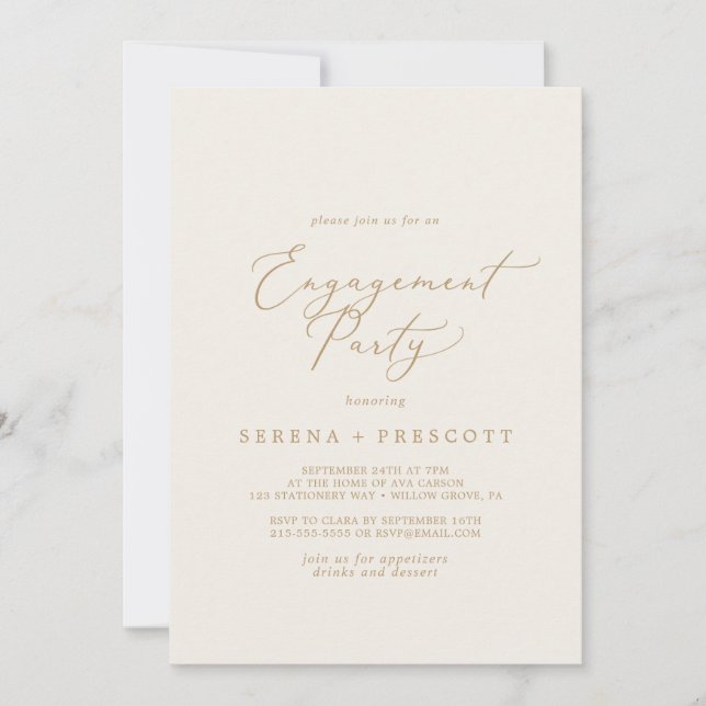 Invitación Delicada caligrafía de oro | Cream Engagement Part (Anverso)