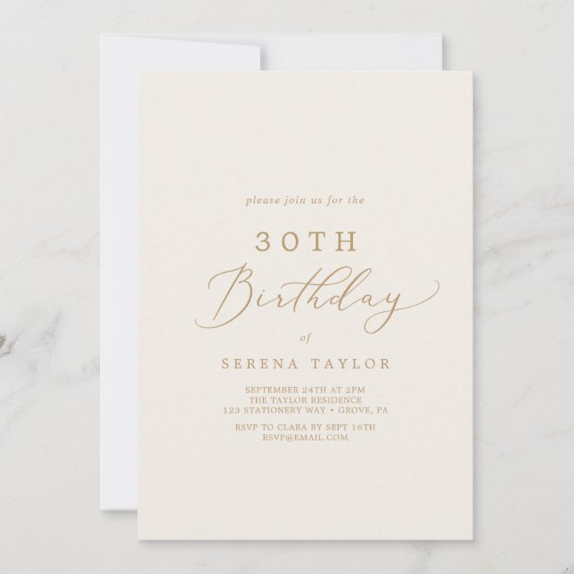 Invitación Delicada caligrafía de oro | Crema 30 cumpleaños (Anverso)