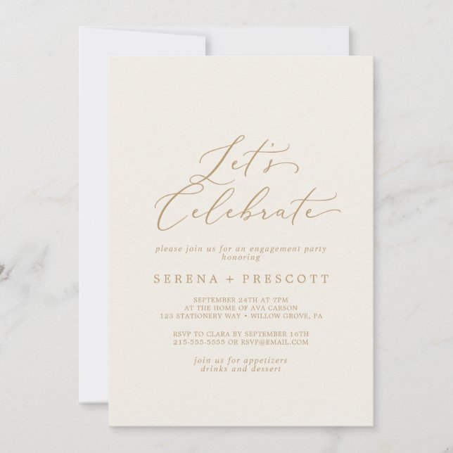 Invitación Delicada caligrafía de oro | Crema Celebremos (Anverso)