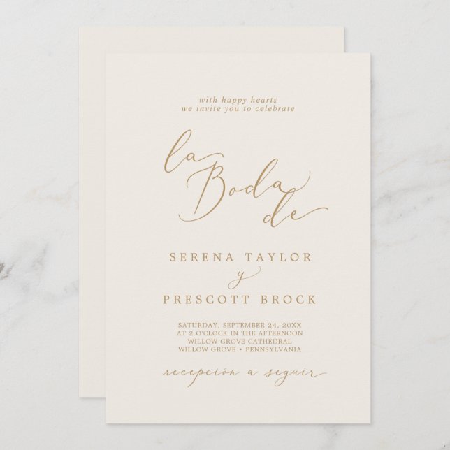 Invitación Delicada caligrafía de oro Crema La Boda De Boda (Anverso / Reverso)