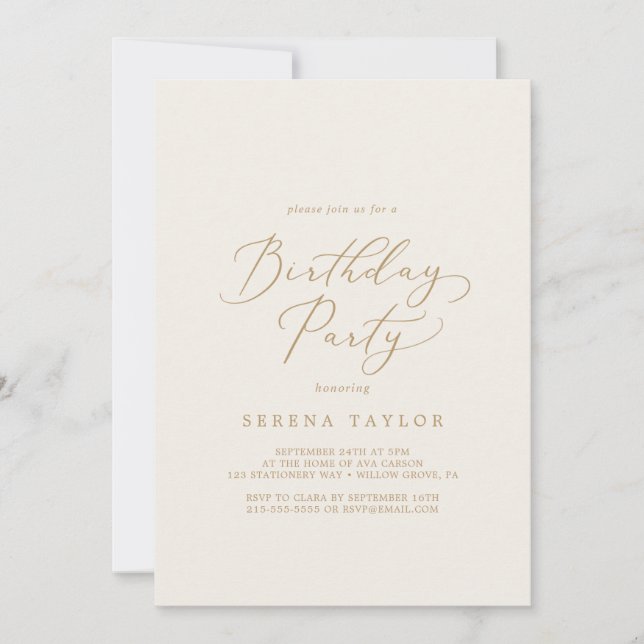 Invitación Delicada caligrafía de oro | Fiesta de cumpleaños  (Anverso)