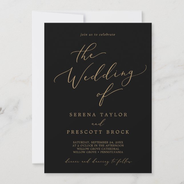 Invitación Delicada caligrafía de oro | Negro El Boda de (Anverso)