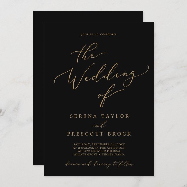 Invitación Delicada Caligrafía De Oro Negro Todo En Un Boda (Anverso / Reverso)