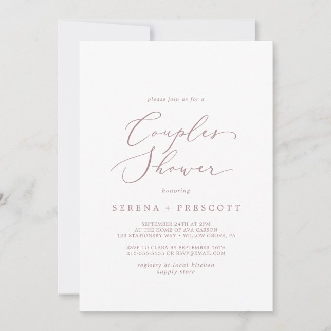 Invitación Delicada caligrafía de oro Rosa Ducha de las parej (Anverso)