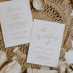 Invitación Delicada Caligrafía De Oro Todo En Un Boda<br><div class="desc">Esta delicada caligrafía dorada, en una sola invitación, es perfecta para un boda moderno. El romántico diseño minimalista presenta una encantadora y elegante tipografía de champán amarillo dorado sobre un fondo blanco con un aspecto limpio y sencillo. Guarde el papel incluyendo los detalles en la parte posterior de la invitación...</div>