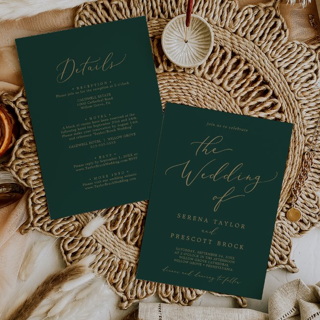 Invitación Delicada Caligrafía De Oro Verde Todo En Un Boda (Subido por el creador)