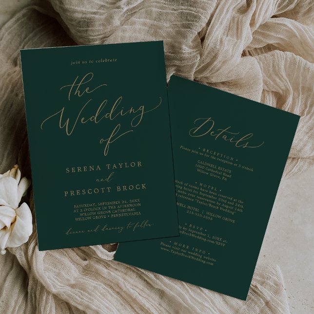 Invitación Delicada Caligrafía De Oro Verde Todo En Un Boda (Subido por el creador)