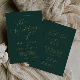 Invitación Delicada Caligrafía De Oro Verde Todo En Un Boda