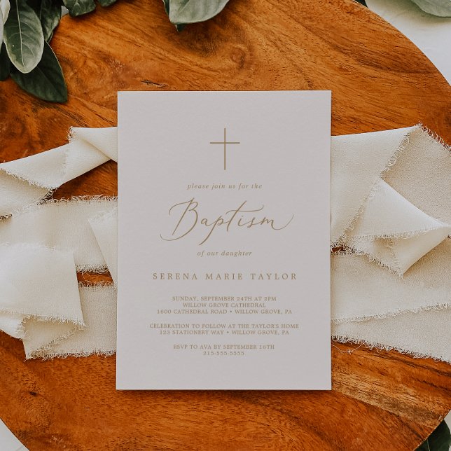 Invitación Delicada caligrafía dorada Crema Cross Baptism (Subido por el creador)