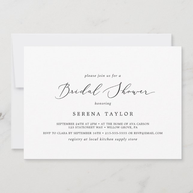 Invitación Delicada caligrafía Ducha Bridal Horizontal (Anverso)