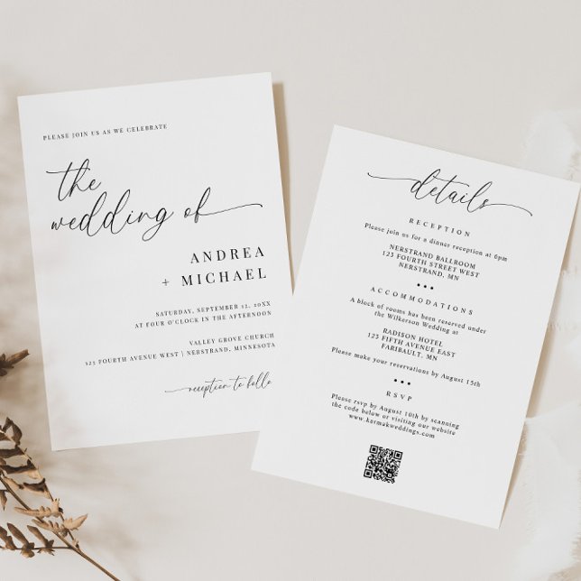 Invitación Delicada caligrafía en un Boda moderno (Delicate Calligraphy Wedding Invitation with Details on Back - Simple Modern All in One Invitation)