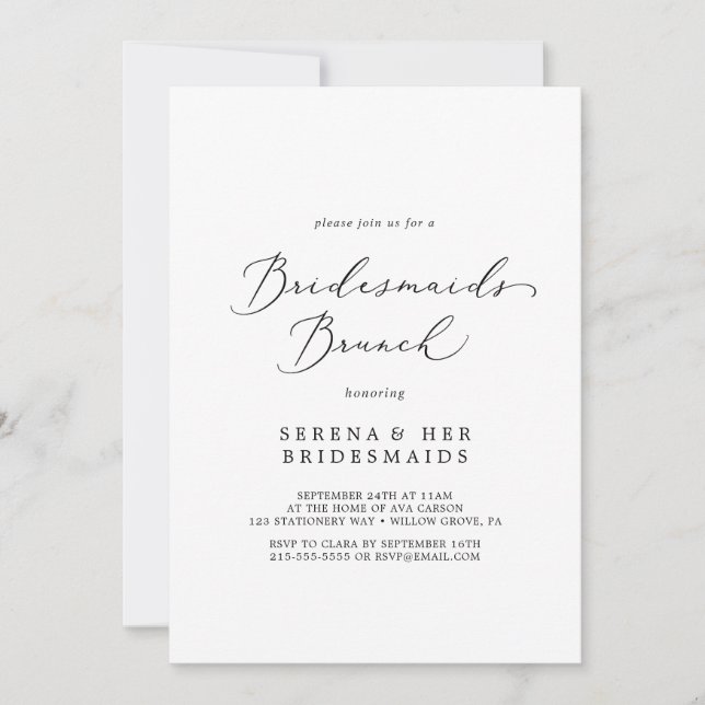Invitación Delicada caligrafía negra Bridesmaids Brunch (Anverso)