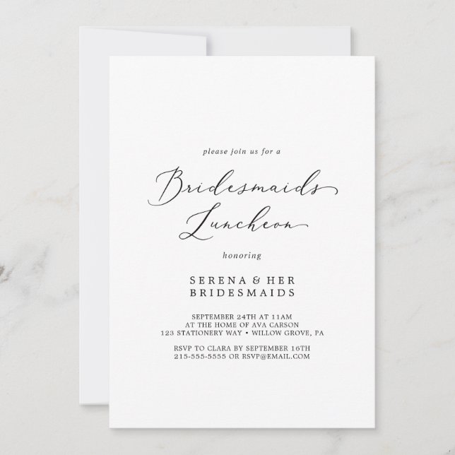 Invitación Delicada caligrafía negra Bridesmaids Luncheon (Anverso)