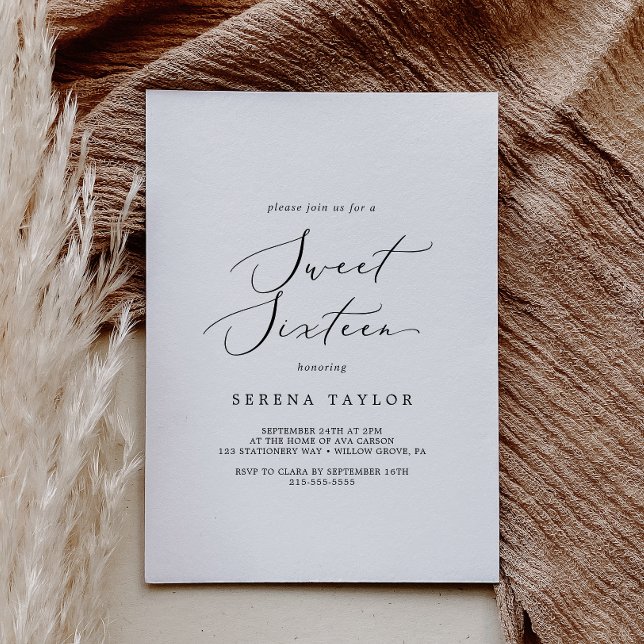 Invitación Delicada caligrafía negra dulce dieciséis cumpleañ (Subido por el creador)