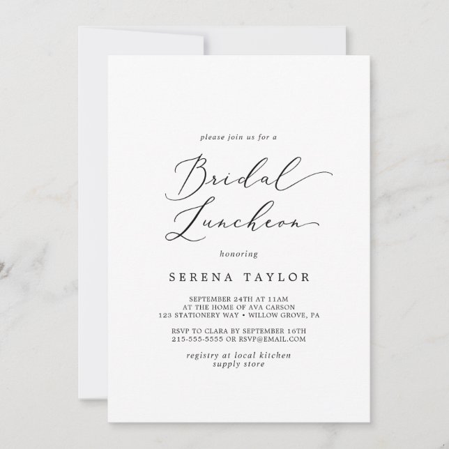 Invitación Delicada caligrafía negra en el almuerzo de novia (Anverso)