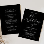 Invitación Delicada Caligrafía Negra Oscura En Un Boda<br><div class="desc">Esta delicada caligrafía negra oscura en una sola invitación a la boda es perfecta para un boda moderno. El romántico diseño minimalista presenta una bonita y elegante tipografía blanca sobre un fondo negro con un aspecto limpio y sencillo. Guarde el papel incluyendo los detalles en la parte posterior de la...</div>