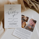 Invitación Delicada caligrafía negra propuesta Boda de histor<br><div class="desc">Esta delicada propuesta de caligrafía negra es una invitación a la boda perfecta para un boda moderno. El romántico diseño minimalista presenta una bonita y elegante tipografía negra sobre un fondo blanco con un aspecto limpio y sencillo. Personalice su invitación con 3 fotos de compromiso en la parte posterior y...</div>