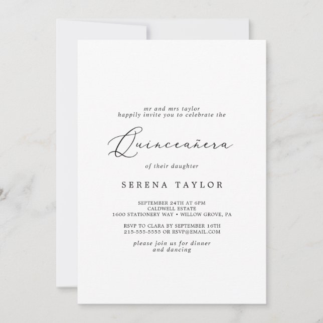 Invitación Delicada caligrafía negra Quinceañera (Anverso)
