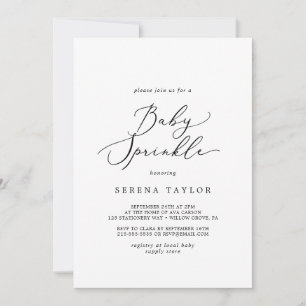 Invitación Delicada caligrafía negra rociada por bebé