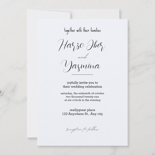 Invitación Delicada caligrafía negra, todo en un solo Boda (Anverso)