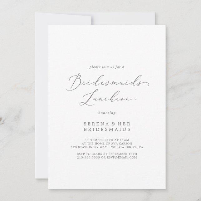 Invitación Delicada caligrafía plateada Bridesmaids Luncheon (Anverso)