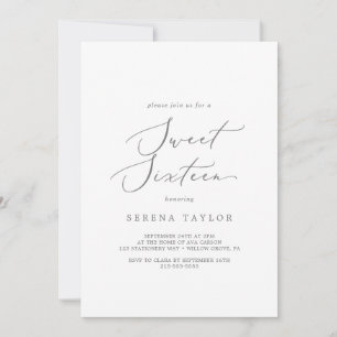 Invitación Delicada caligrafía plateada dulce dieciséis cumpl