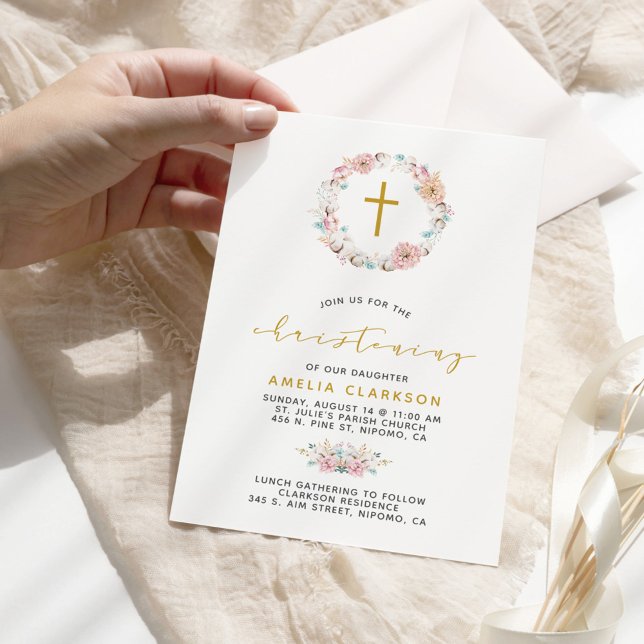 Invitación Delicada Christening Floral & Cotton (Subido por el creador)