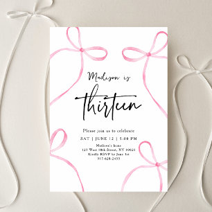 Invitación Delicada Coquette de Bow Rosada 13 cumpleaños
