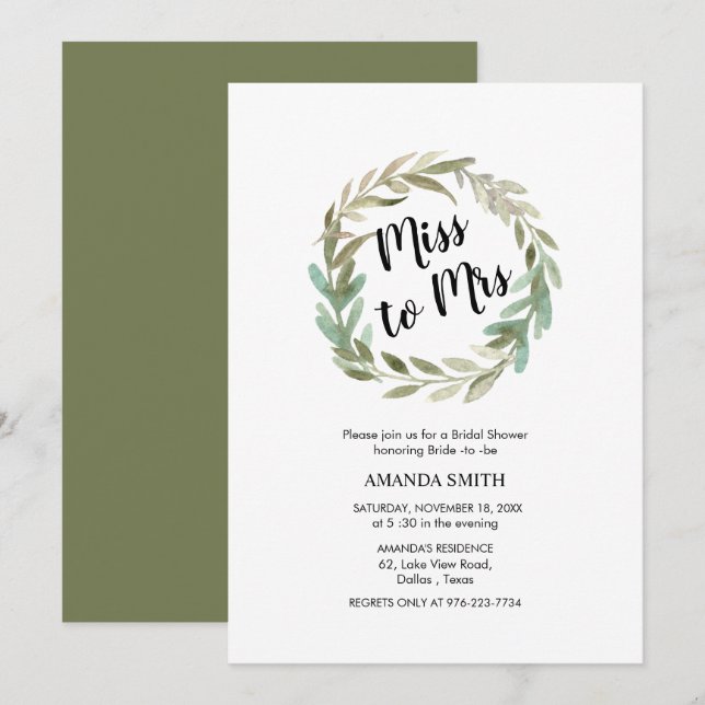 Invitación Delicada ducha de color de agua Wreath Bridal (Anverso / Reverso)