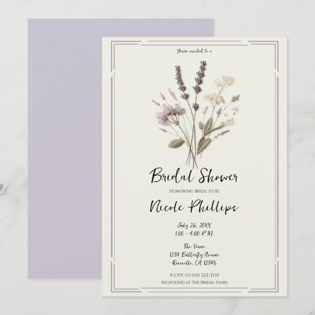 Invitación Delicada ducha de novia con flores de lavanda (Anverso / Reverso)