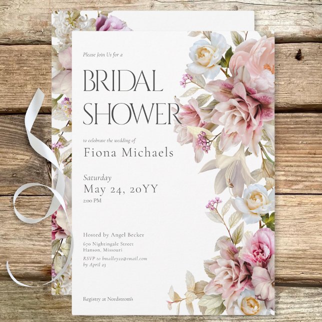 Invitación Delicada ducha de novias rosa y lirio moderna (Delicate Modern Pink Rose & Lily Bridal Shower Invitation)