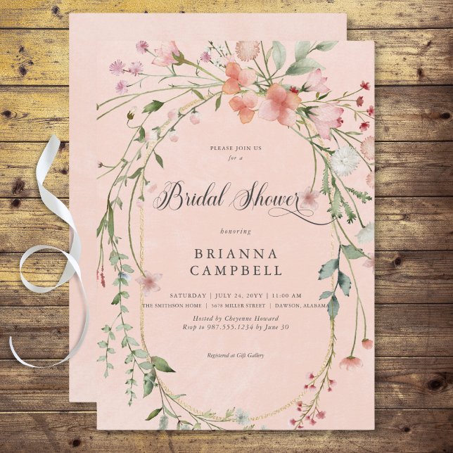 Invitación Delicada ducha de novias Rústica Rosada (Delicate Pink Rustic Wildflowers Bridal Shower Invitation)
