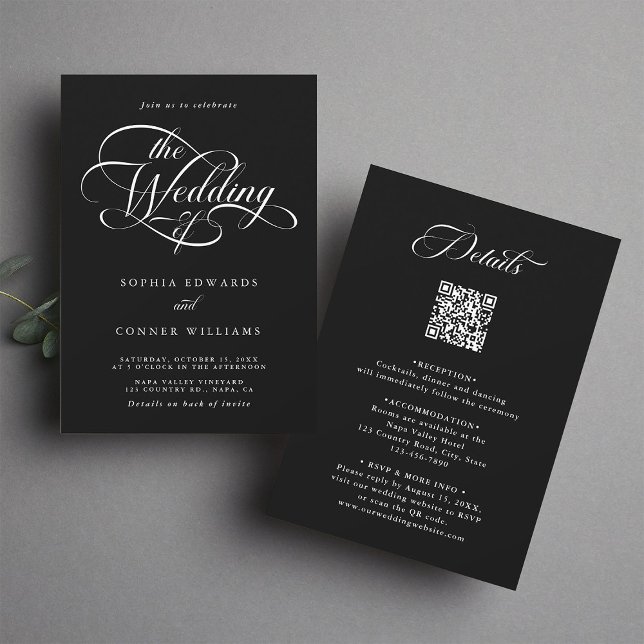Invitación Delicada elegancia Boda de guiones negro todo en u (Front & Back)