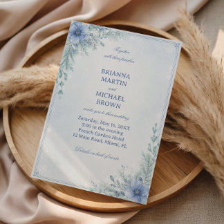 Invitación Delicada Elegancia Floral Azul Helada de Invierno