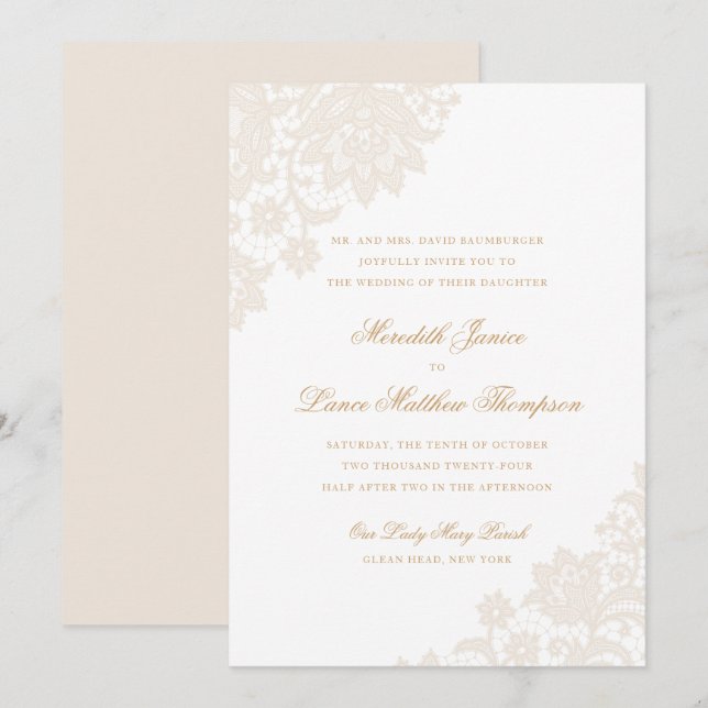 Invitación Delicada esquina de encaje Boda de marfil y guión  (Anverso / Reverso)